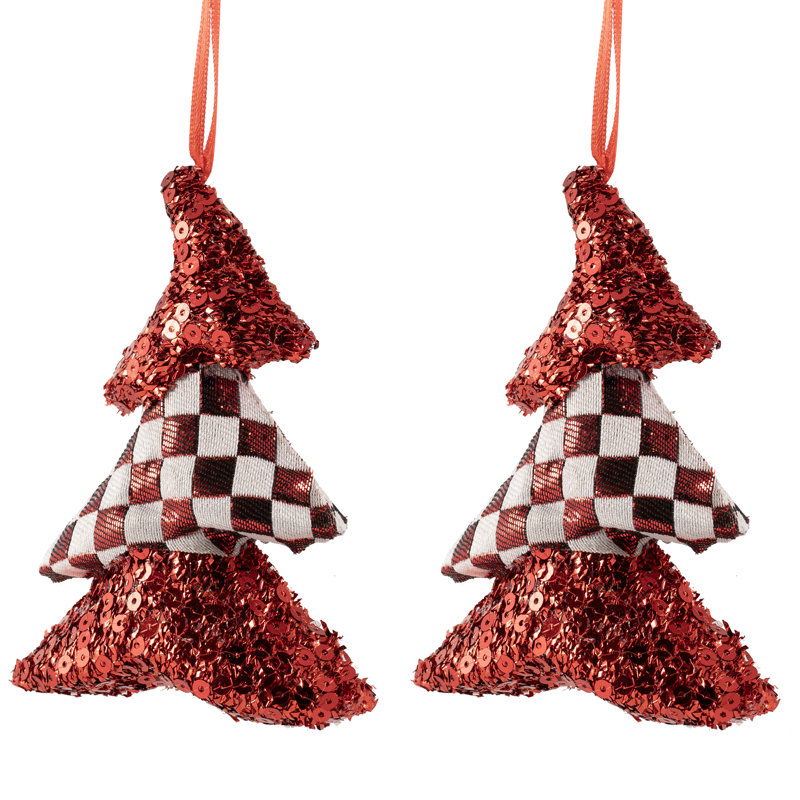 Sequined And Checkered Tree Christmas Ornaments - 5" - Red - Set Of 2