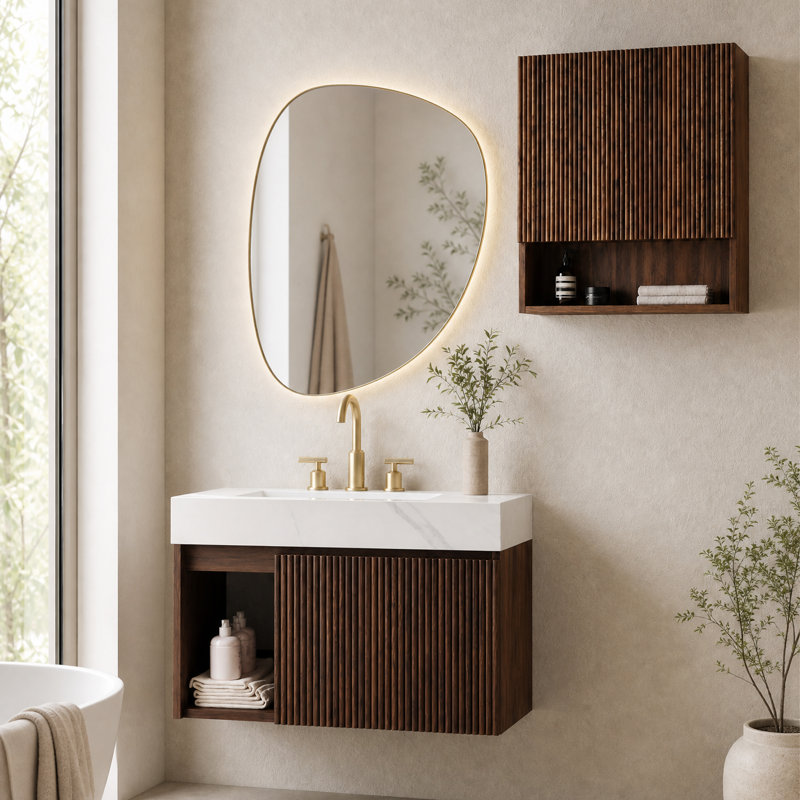 Ensemble meuble-lavabo suspendu et armoire de rangement murale de style moderne du milieu du siècle, avec plateau en pierre frittée et portes à fermeture douce.
