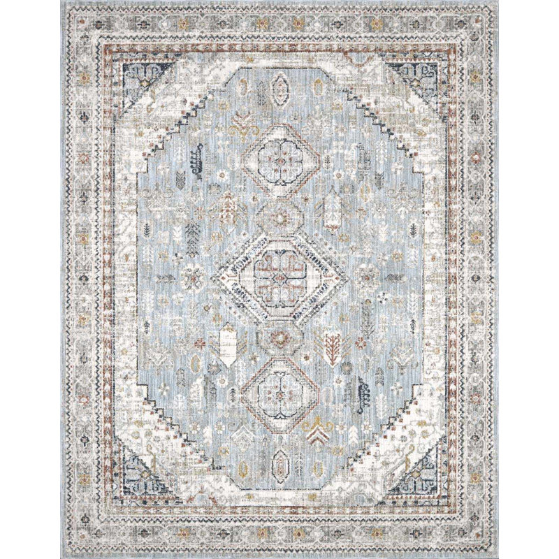 Kota Traditional Medallion Ice Blue Area Rug, Blue, 6'7" x 9'6"