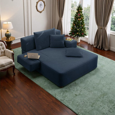 Resta Convertible Plush Corduroy Chaise Lounge With Storage Pockets & 3 Pillows
