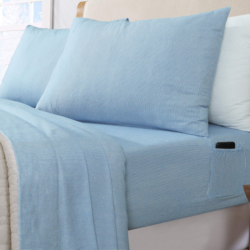 100% Cotton Flannel Sheet Set, Cal.King Sheet Set+Fitted Sheet+2Pillowcases, Blue Ticking Stripe