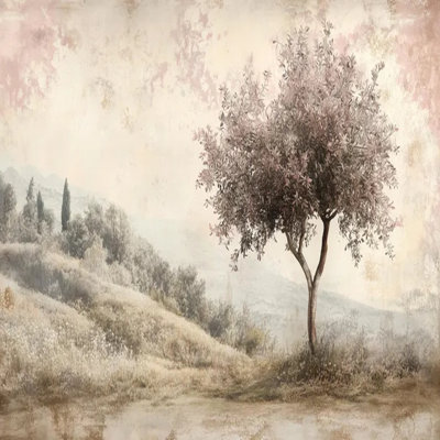 Arbre rose tranquille sur une colline