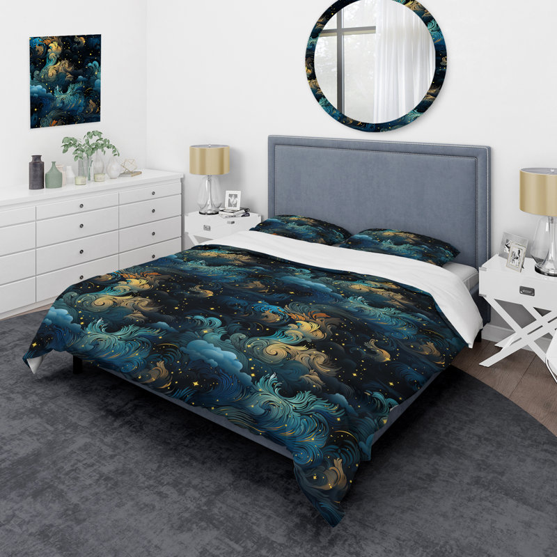 Ensemble de housse de couette à motif abstrait Cosmic Noir Moody, Housse de couette pour grand lit et 2 taies décor