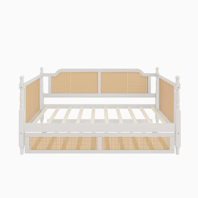 Traditional Style Rattan Full Size Cleoda With Full Size Trundle For Limited Space, Guest Room, Twin, Antique White