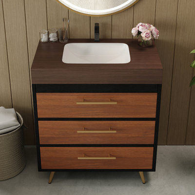 Meuble-lavabo de style Style avec lavabo vasque en céramique, plateau en pierre frittée, compartiment inclinable et surface lisse pour un rangement rapide et spacieux, un style champêtre français