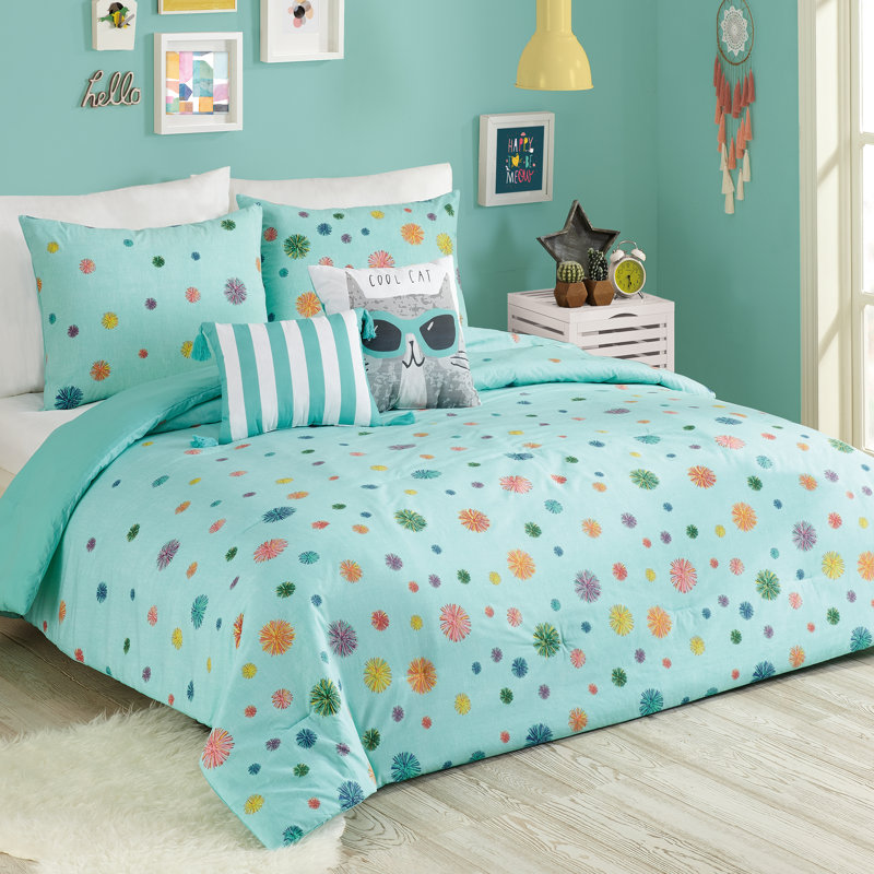 Raining Pom Poms Turquoise Comforter Set with 2 Decorative Pillows, Queen