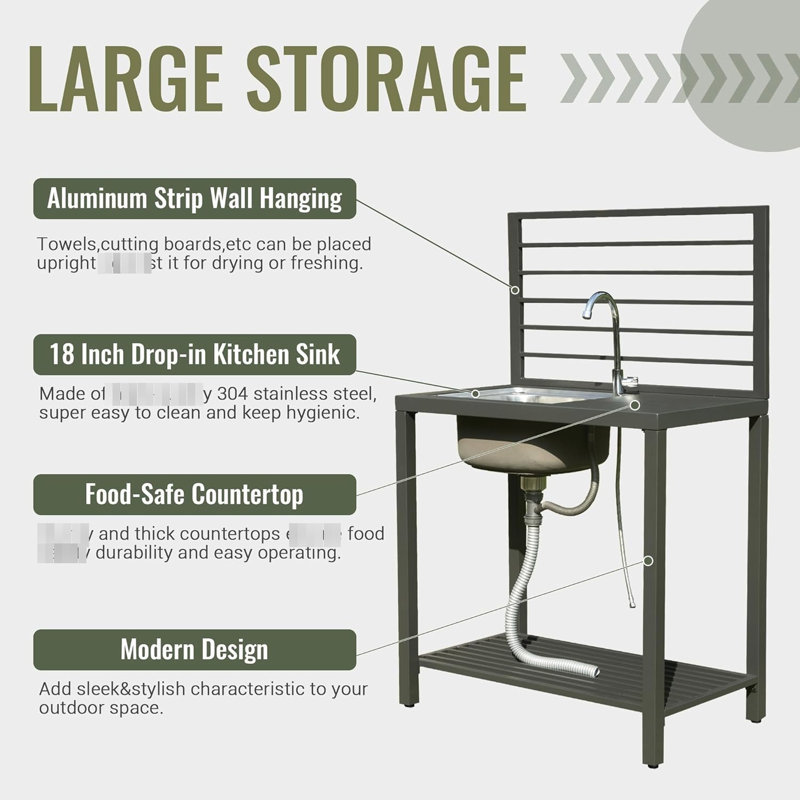 Îlot de cuisine extérieur - rangement en aluminium gris, évier et robinet en acier inoxydable, rangement