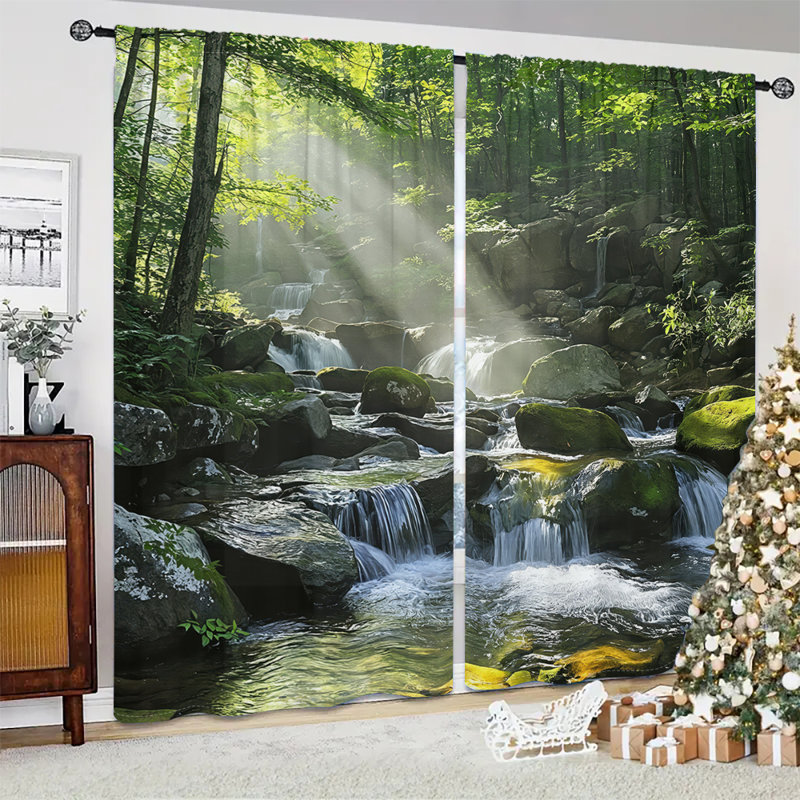 2Pcs Waterfall Forest Stream Nature Landscape Print Curtains Sunshine Ray Green Trees Water Scenery Window Drapes Rod Pocket Living Room Bedroom Kitchen Home Decor