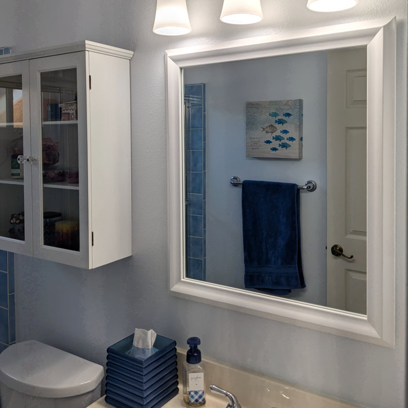 Woodford Wood Framed Mirror with Safety Backing Ideal for Bathroom / Vanity Mirror, Pure White, 30" x 44"