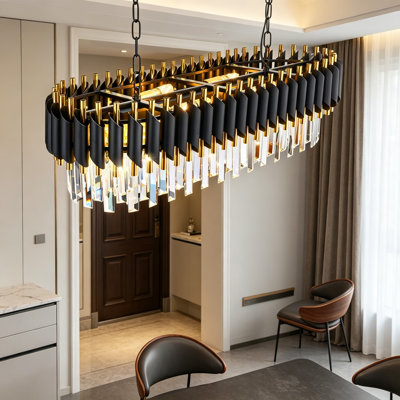 Modern Rectangular Chandelier 8-Light 3 Tier, Black and Gold Crystal Chandelier for Dining Room, Kitchen Island, Living Room, Oval Contemporary Ceiling Pendant Light Fixture with Clear K9 Crystals, 33 Inch Length