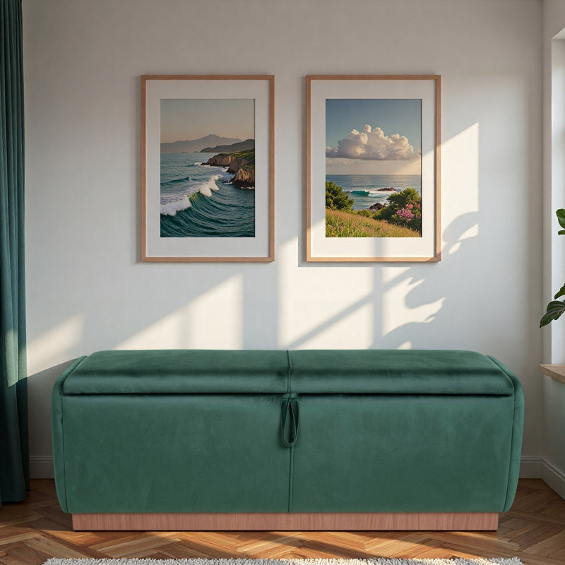Banc moderne avec repose-pieds rembourré avec compartiment de rangement dissimulé, plateau rabattable et base en bois naturel