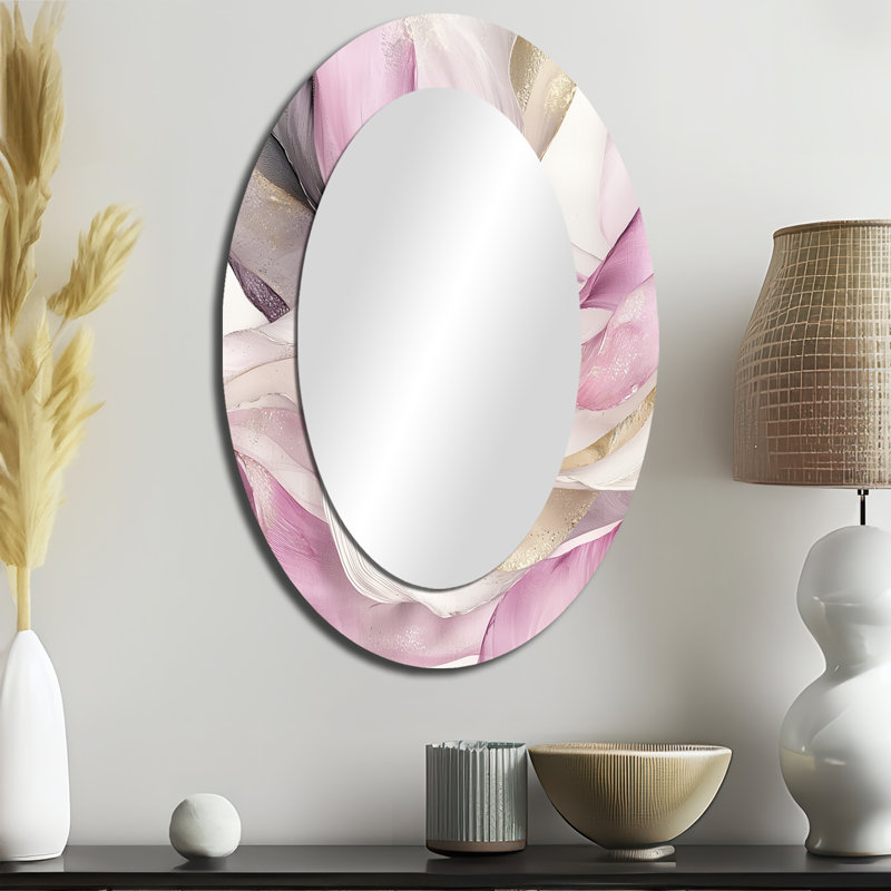 Marbre captivant rose et blanc I - grand miroir mural ovale sur métal, 36 po x 24 po