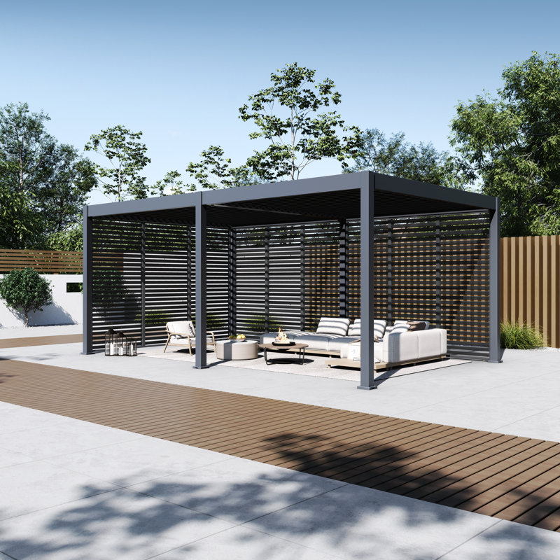 Pergola à persiennes 12 x 20 Grand Tuscan avec paroi latérale horizontale fixe de 20 pi et 12 pi, 101" H x 233" W x 144" D