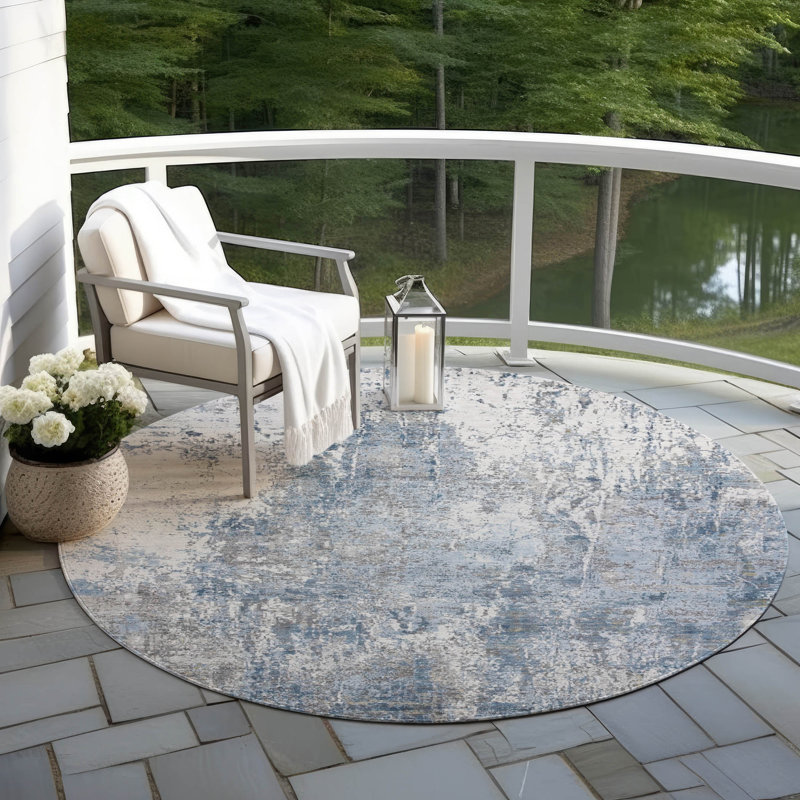 Machine Washable Indoor/Outdoor Xhevrie Blue Rug, Round 8'
