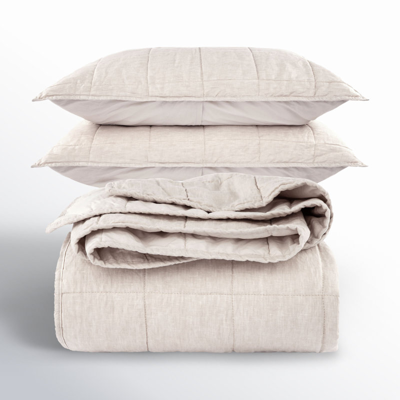 French Linen Box Stitch Quilt & Sham Set, Queen Quilt + 2 Standard Pillow Shams, Putty Heather