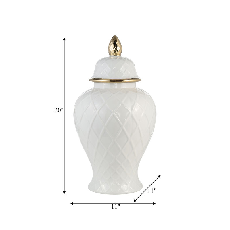 Idena Stoneware Ceramic Decorative Lidded Jar with Textured Design and Elegant Detailing, 20" H x 11" W x 11" D, White/Gold