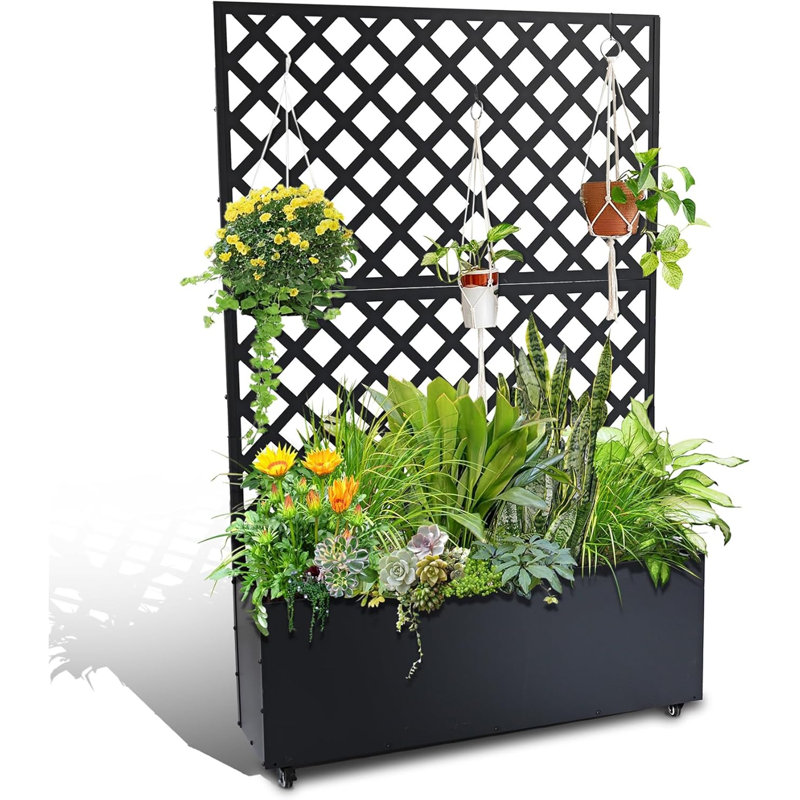 Metal Planter Box with Trellis & Lockable Wheels, Raised Garden Bed with Drainage Holes, Privacy Screen for Patio Balcony, 185x118x30cm, Black