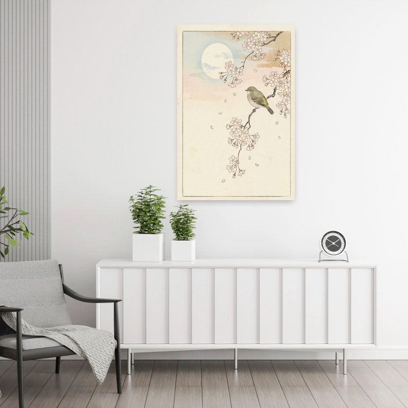 Printemps, lune, oiseau, fleurs, délicat, paisible, oiseau cerise, nature, printemps, art mural, H 36 po x l 24 po