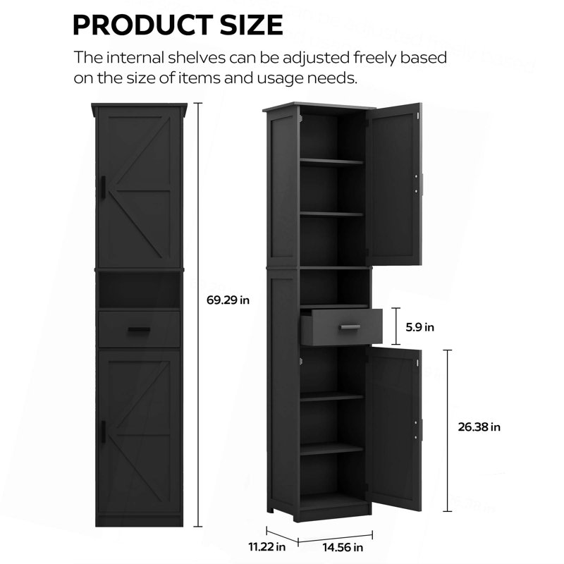 Armoire de rangement de 69 po de hauteur à porte de grange avec tiroir et tablettes réglables H 69 po, Noir