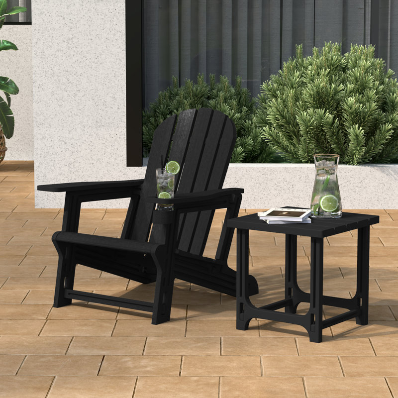 Outdoor Poly Adirondack Chair With Side Table, Black
