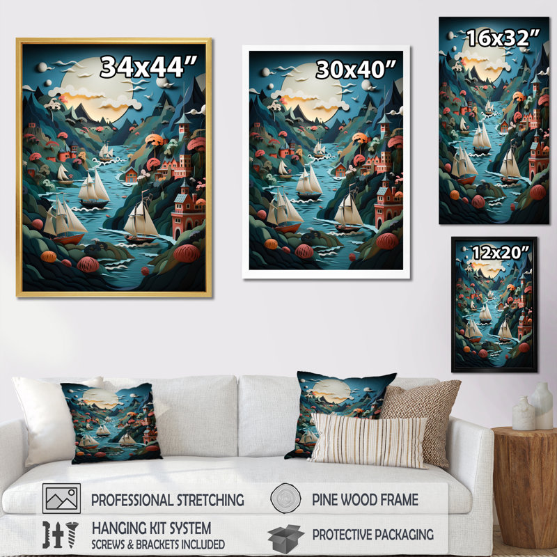 Port Port Hues Papercut II - Impressions sur toile nautiques et de plage, Encadrement doré, H 32 po x l 24 po x P 1 po