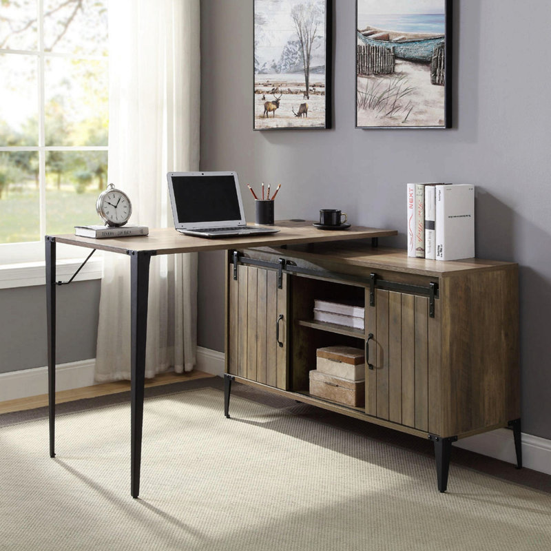 Bureau d'écriture en L avec armoire latérale, chêne rustique et noir
