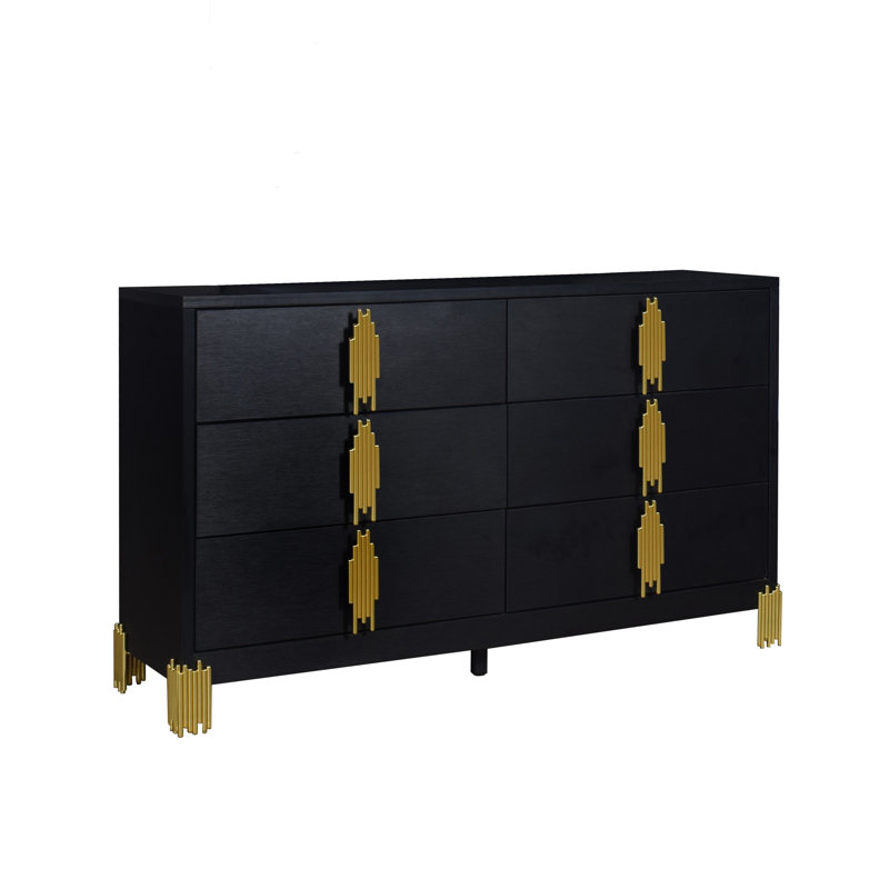 Grande commode Theo, 6 tiroirs, poignées dorées de style rétro, noir 59 po