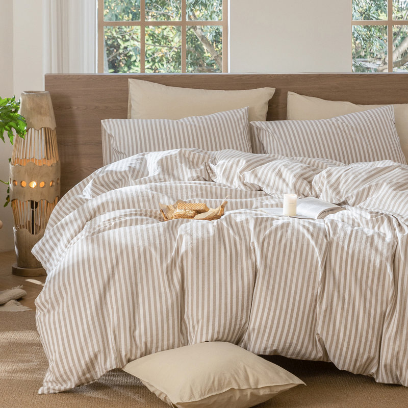 Ensemble de housse de couette à rayures 100% coton lavé MooMee, Rayures classiques - Lin tanné gris / blanc