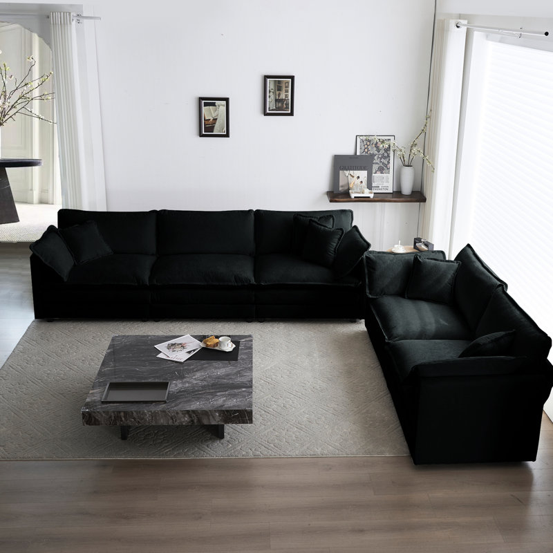 2 + 3 places, chenille noire pour le salon, bois massif et mousse de luxe confortable