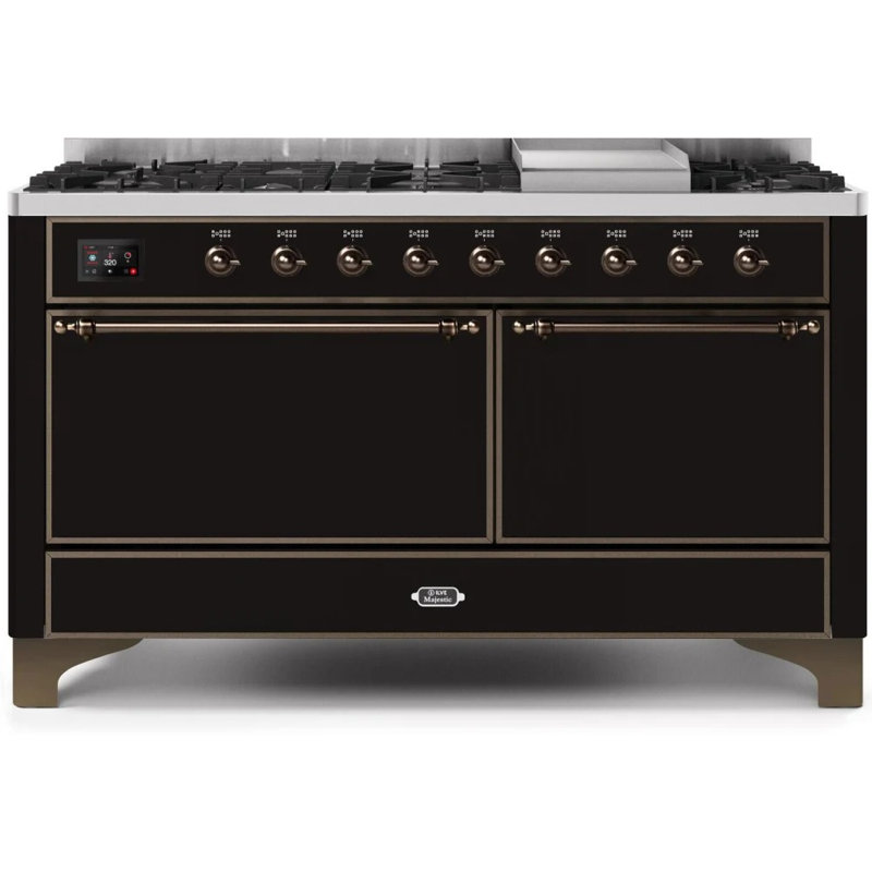 ILVE UM15FDQNS3BKCLP Majestic II 60 inch Dual Fuel Range with 9 Burners, Griddle (Liquid Propane, Solid Door, Glossy Black, Chrome)