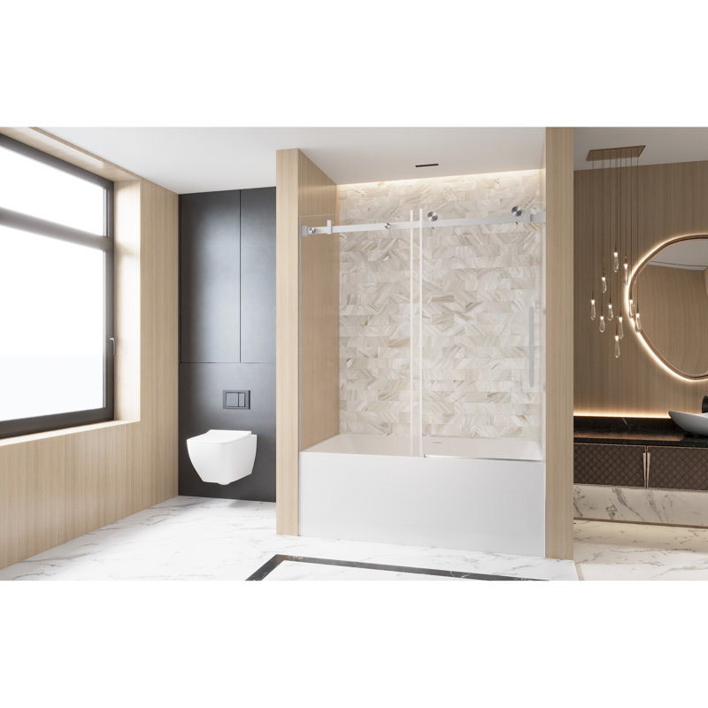 Single Sliding Shower Door In American Style For Bathroom Purposes, 56 - 60 "w X 60" H, 6mm Clear Tempered Glass, Safe Film Protector, Stainless Steel Square Tube Track And Comfortable Handle Brushed