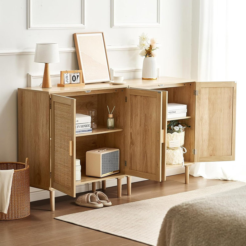 Buffet en rotin, buffet 4 portes avec tablettes réglables, naturel
