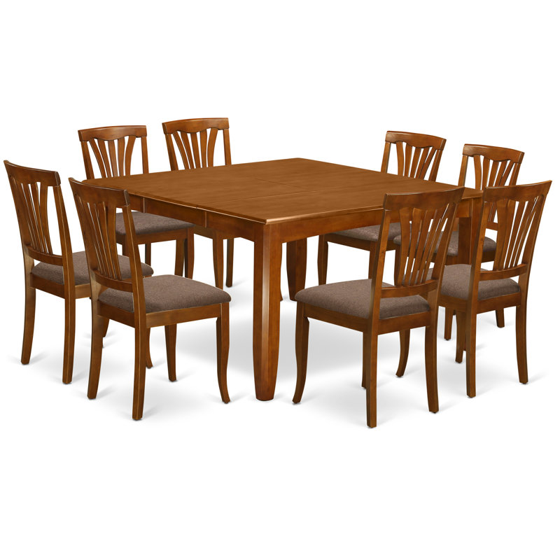 9 Piece Dining Room Table Set Includes a Square Kitchen Table with Butterfly Leaf and 8 Linen Fabric Dining Chairs, Saddle Brown