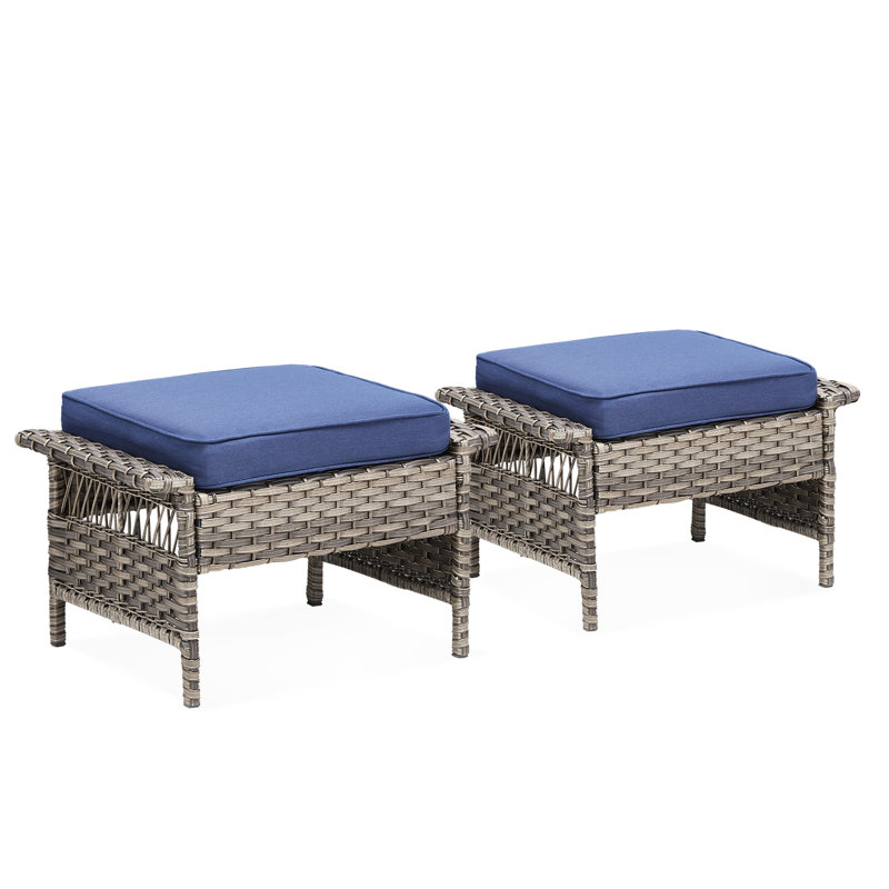 Extérieur pour 2 personnes, repose-pieds gris pour patio avec coussins bleus pour terrasse, coussins confortables en mousse haute densité de 3,5 po d'épaisseur, structure en acier thermolaqué rouille, résistant aux intempéries et à la décoloration