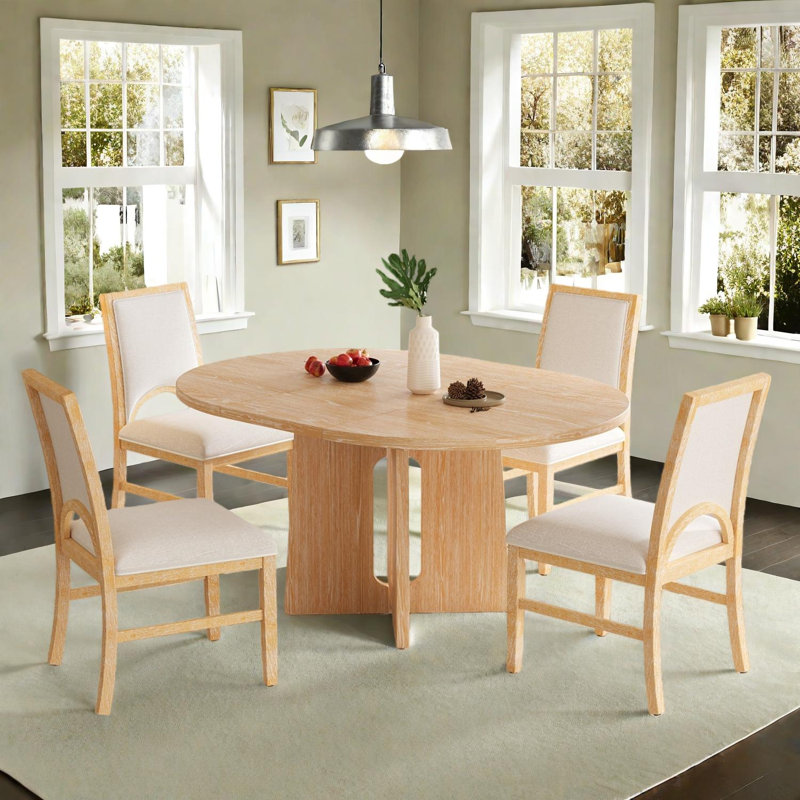 Ensemble de table de salle à manger en bois massif pour 4 personnes avec plateau extensible et chaises rembourrées, Naturel