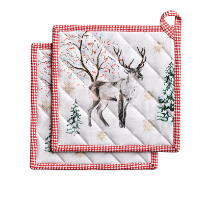 Maison d' Hermine Pot Holders Set 100% Cotton Heat Resistant Potholders 8" x 8" Hot Pads with Loop for Thanksgiving Christmas Decorations BBQ Baking Handling Hot Pans (Pack of 2, Rural Christmas)
