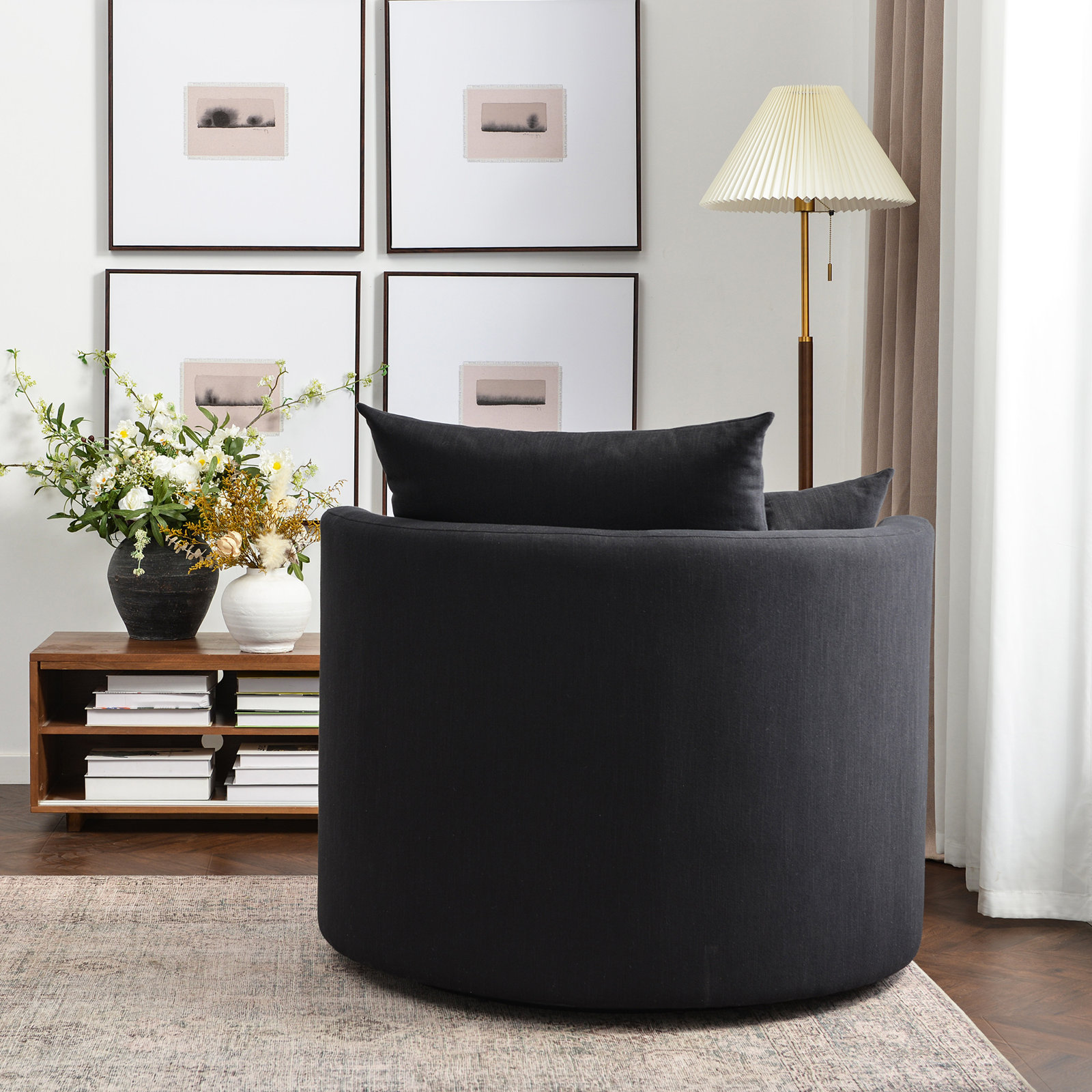 Down Filled Swivel Barrel Chair, Black Performance Fabric