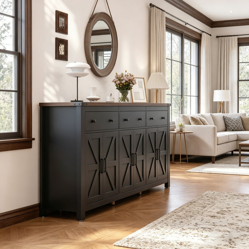 71" Wood Sideboard with 6 Barn Doors & 3 Drawers,Modern Farmhouse Coffee Bar for Living Room & Kitchen,Black, Black