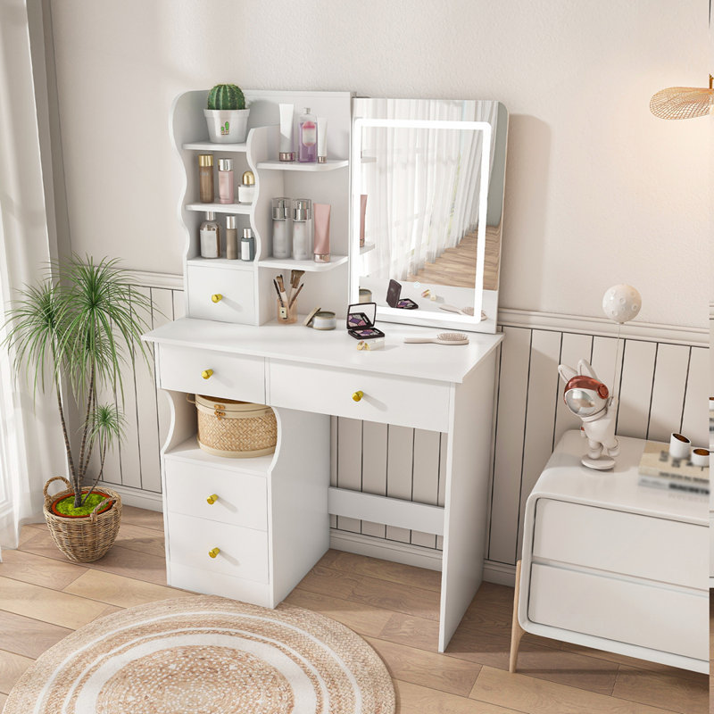 5-Drawer Dressing Table with Movable Mirror and LED Light for Bedrooms