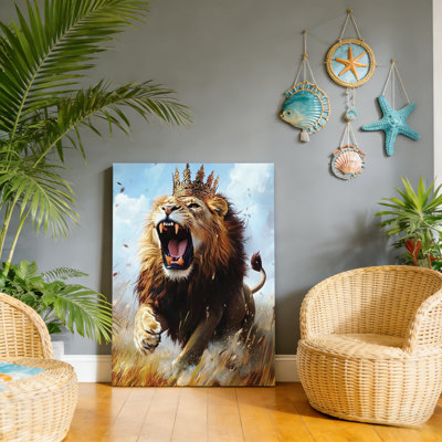 Wildlife Lion with Crown, Built-in Back Wood Frame Wall Art, 30L x 20W