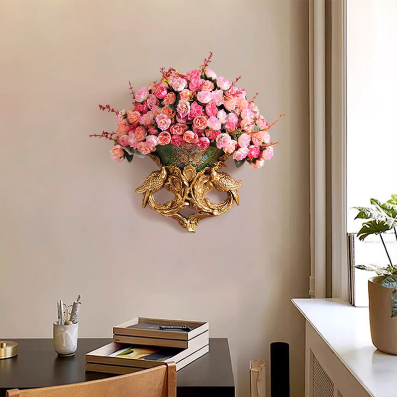 European Style Luxury Decorative Wall Flowers Carved Gold Artificial Flowers In Vase