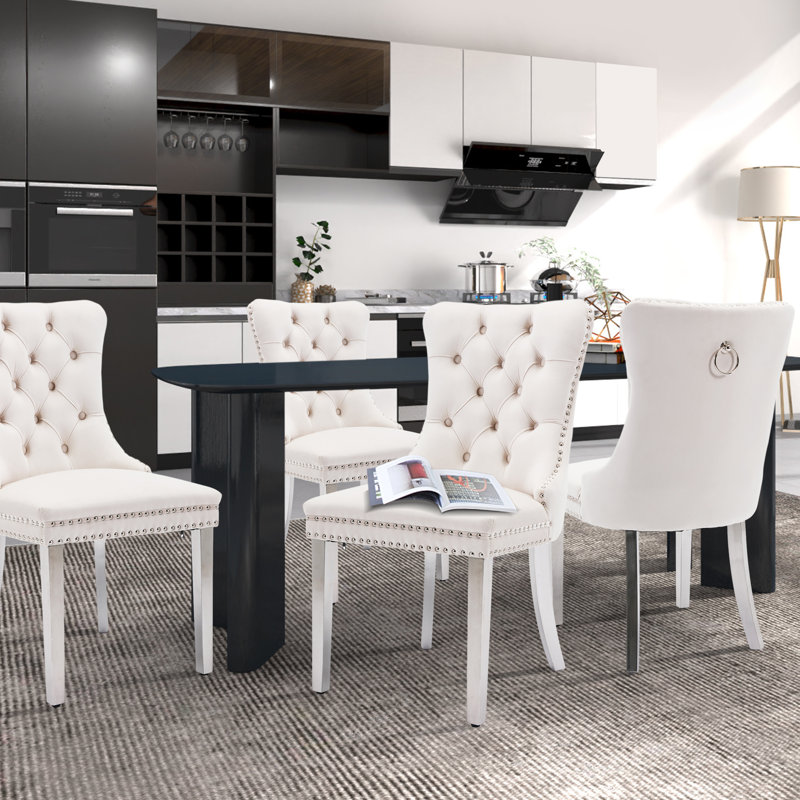 Gray Velvet Tufted Upholstered Side Chair with Silver Metal Legs, Set of 6