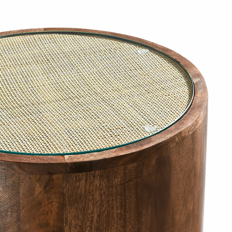 Truett Round Walnut Wood Rattan Side Table with Glass Top