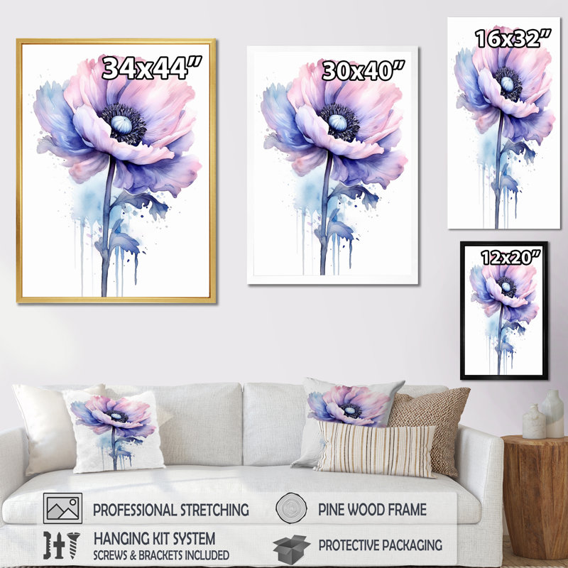 Minimalisme, coquelicots mauves, beauté I, sur toile, H 40 po x l 30 po x P 1,5 po, Cadre flottant blanc