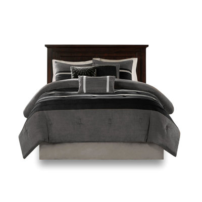 Édredon 7 pièces en faux suède noir très grand, style transitionnel, 2 taies décoratives, 3 coussins décoratifs, taille facile d'entretien, suède noir, aspect, confortable, lavable à la machine