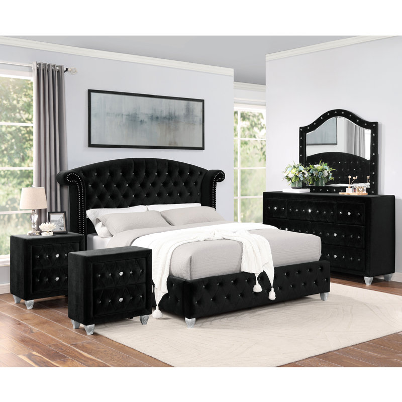 Ensemble de chambre à coucher 5 pièces Waldstrmidt, Noir, Grand, Cinq pièces : Lit, 2 tables de chevet, commode, m