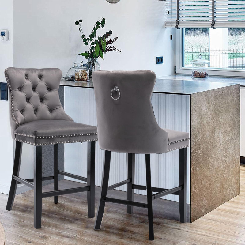 Modern Velvet Upholstered Bar Stools, Gray