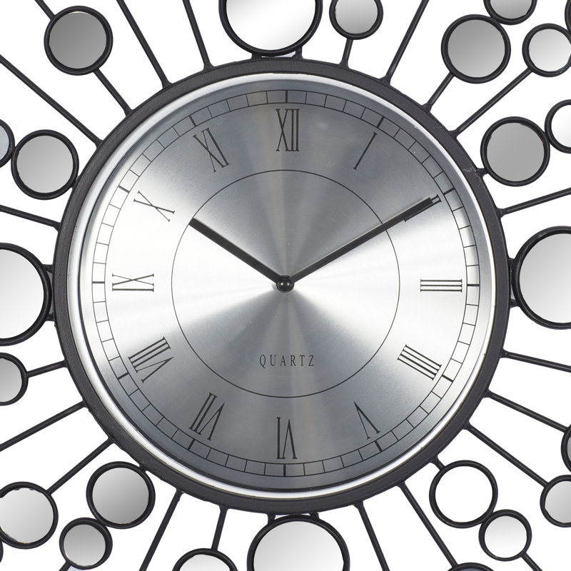 Black Metal Starburst Wall Clock with Mirrored Accents, 26"