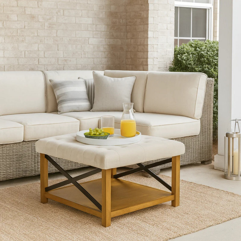 Repose-pieds avec rangement ouvert, pieds en bois, microfibre capitonnée crème 30 po