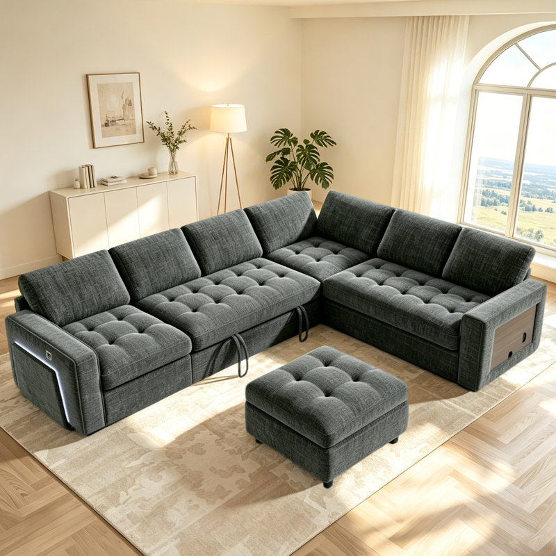 L-Shaped Sectional Sleeper Sofa Bed, 102" 7-Seat Pull Out Couch with USB Charging Ports, LED Lights & Hidden Storage, Convertible Sofa Bed for Living Room
